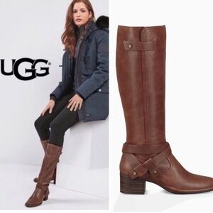 Women’s vintage UGG brown leather knee high boots. Harness design. Size 8